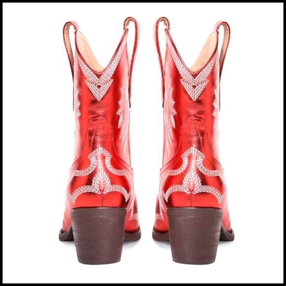 Western Cowgirl Boots Pointed Toe Embroidered Ankle Boots Chunky Heel - Picture 6 of 7